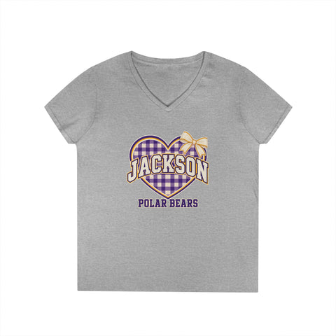 Jackson Polar Bears Women’s Gingham Heart V-Neck T-Shirt