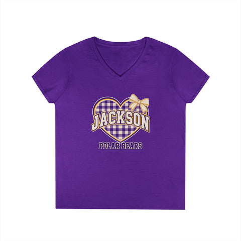 Jackson Polar Bears Women’s Gingham Heart V-Neck T-Shirt