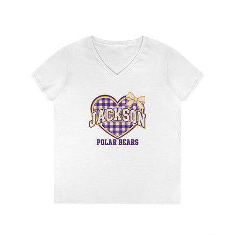 Jackson Polar Bears Women’s Gingham Heart V-Neck T-Shirt